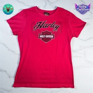 Harley Davidson Shirt Womens Large Pink Short Sleeve Top Tee Y2K Wings baby tee